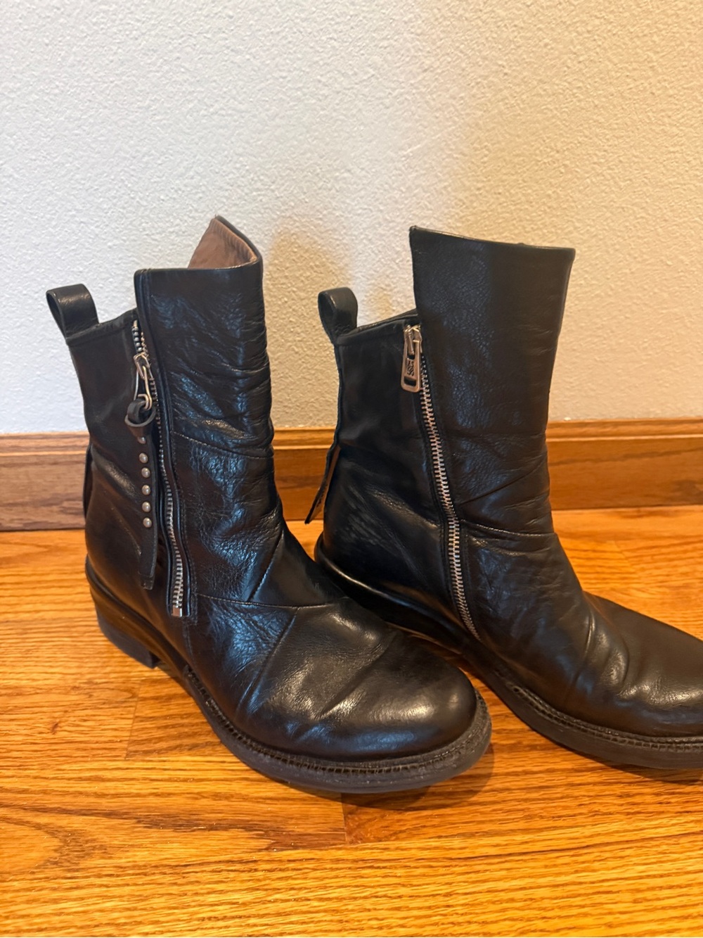 A.S.98 Taylen Black Leather Ankle Zip Heeled Boots with Stud Detail.